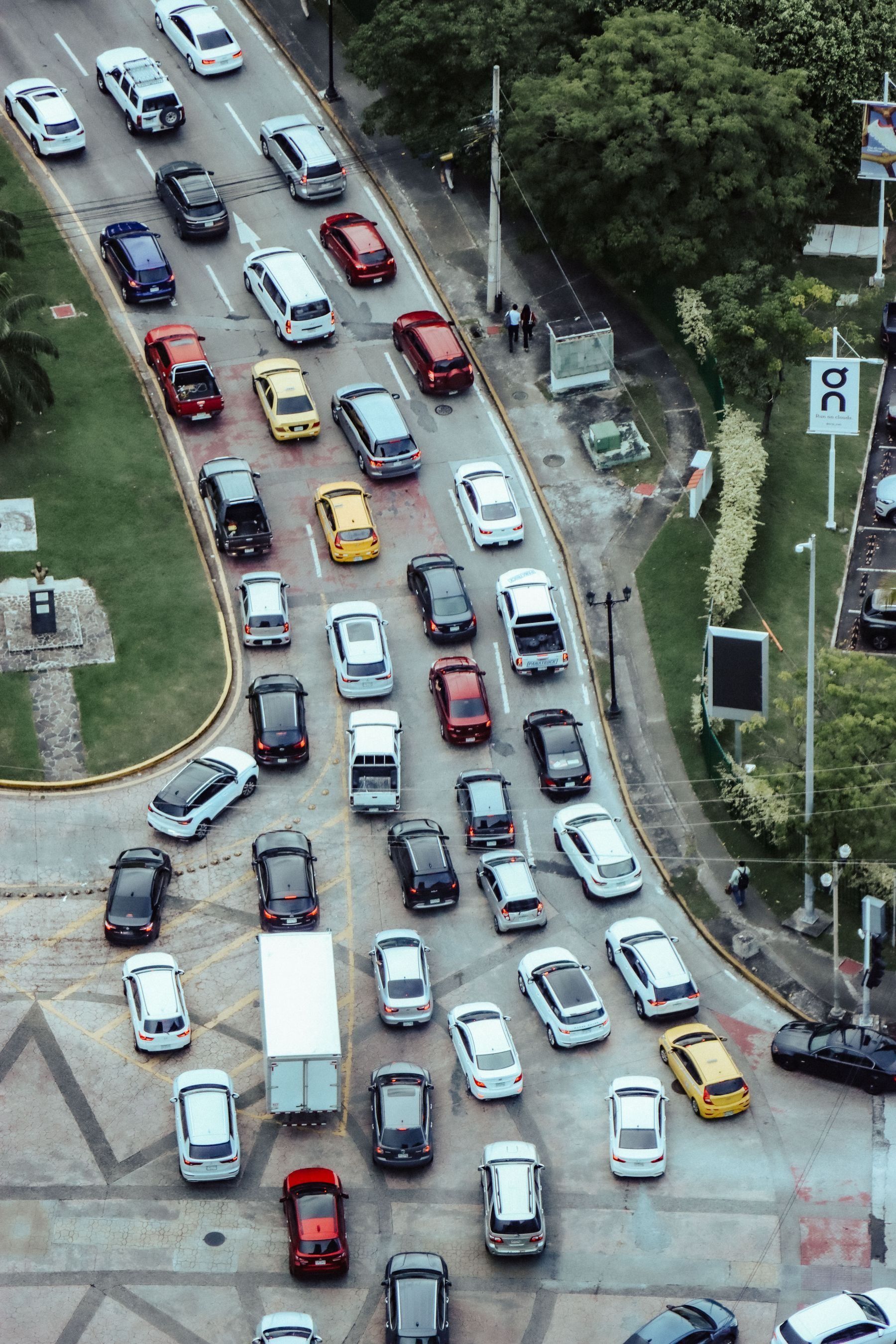 Aerial view of cars caught in a dense traffic jam