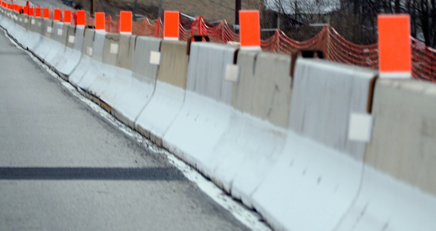 Concrete highway barriers marking a constrained and protected lane